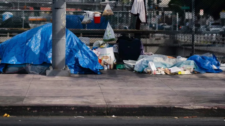 Homeless encampment on sidewalk next to light pole.